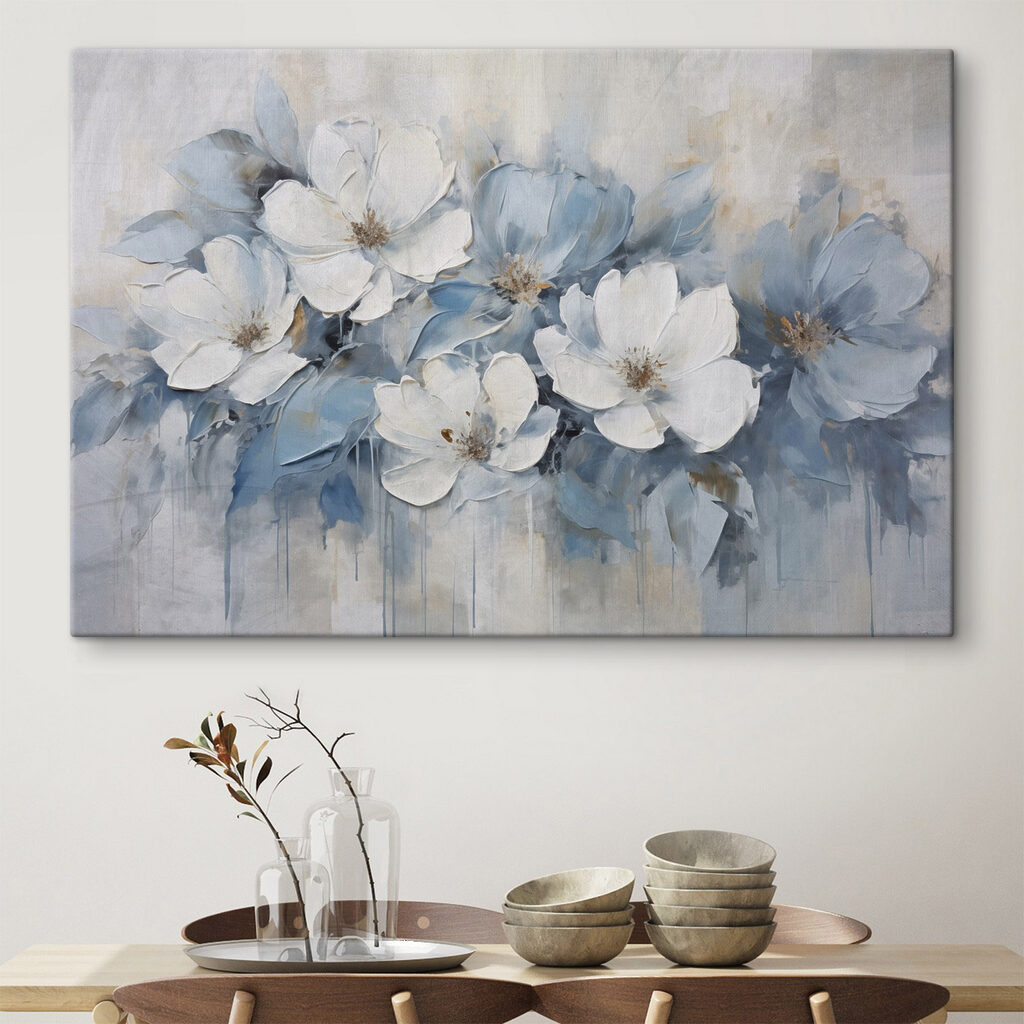 Schilderij met witte en blauwe bloemen in een interieur