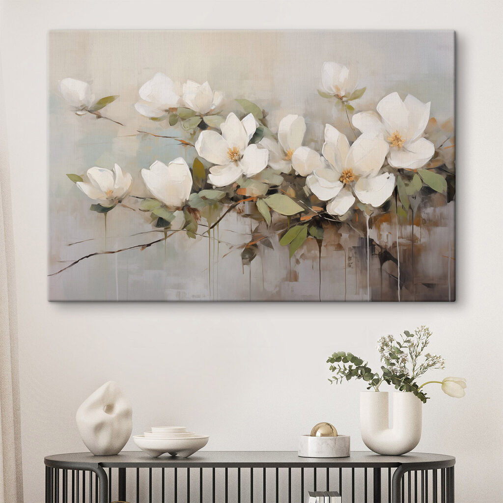 Schilderij van witte bloemen in een interieur