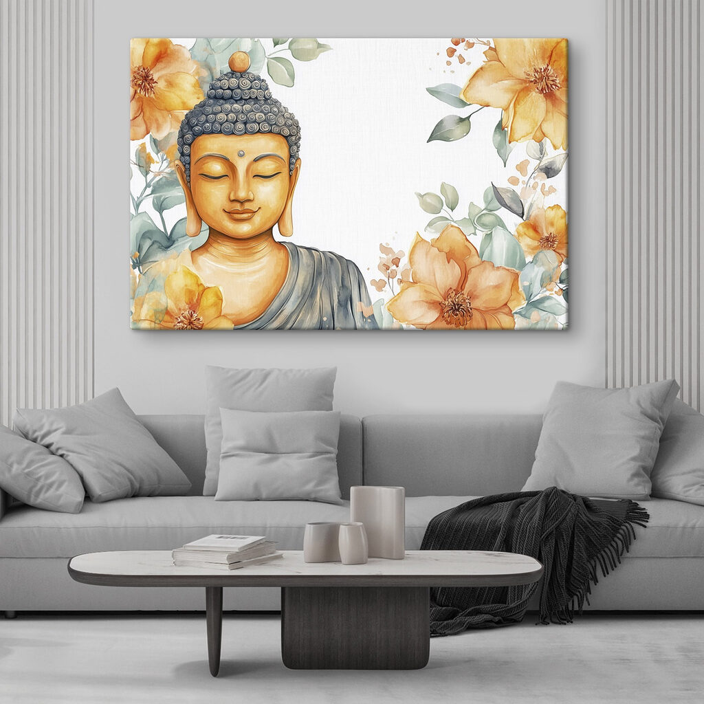Schilderij van een boeddha met bloemen in een interieur