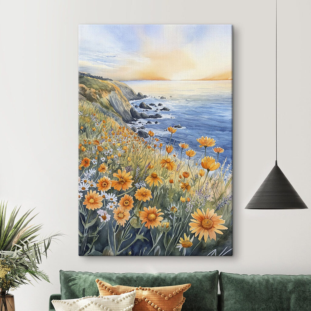 Gele bloemen boven rotskust in een interieur