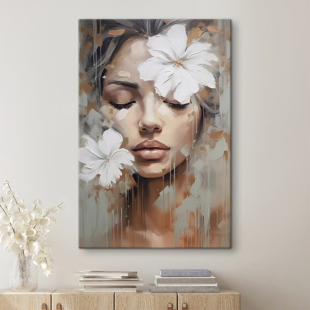 Schilderij van een vrouw met witte bloemen op haar hoofd in een interieur