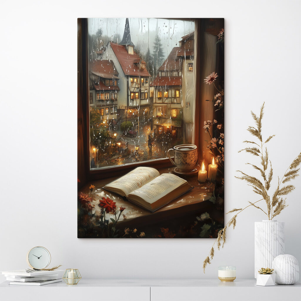 Boek bij verlicht dorpsraam in een interieur