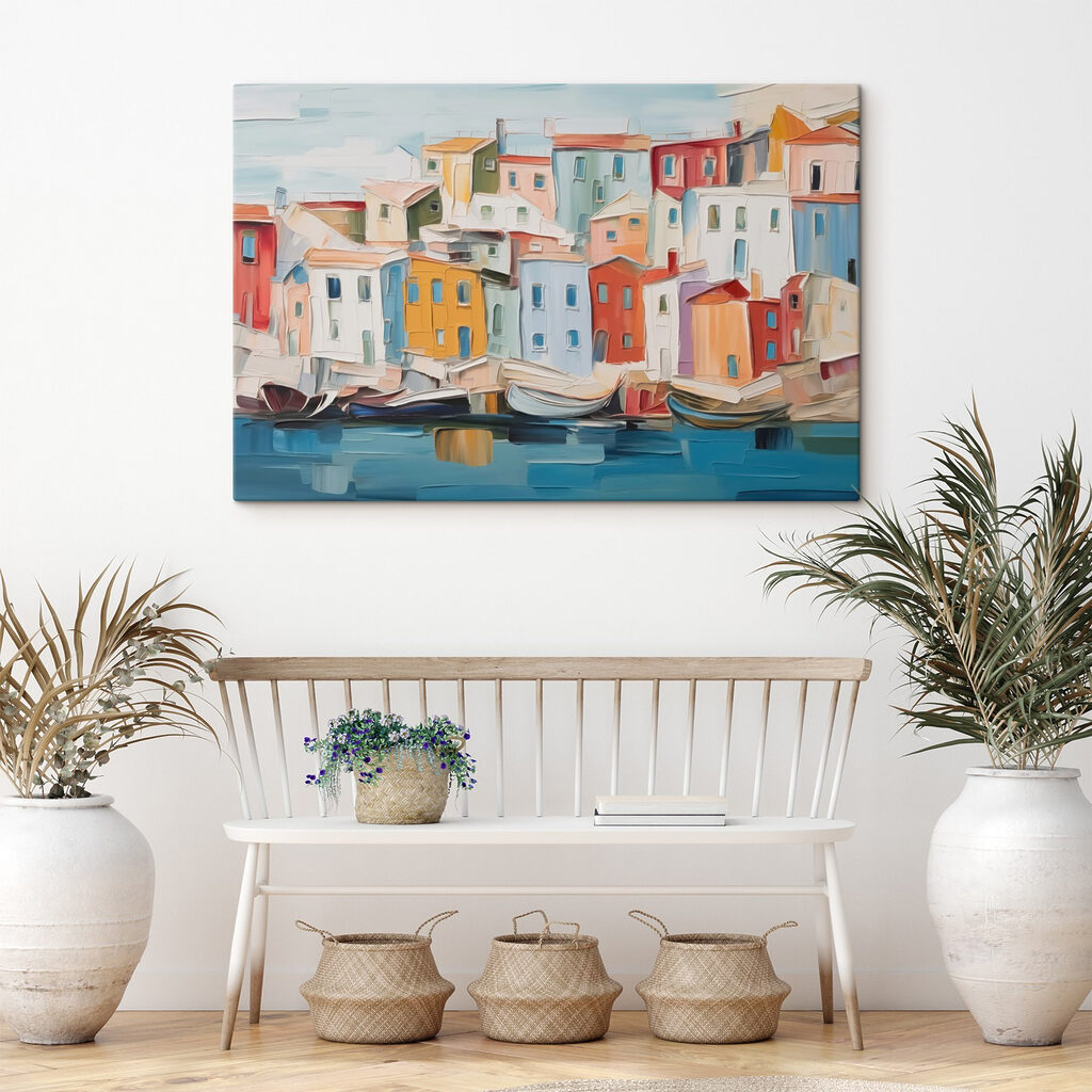 Schilderij van een stad met boten op het water in een interieur