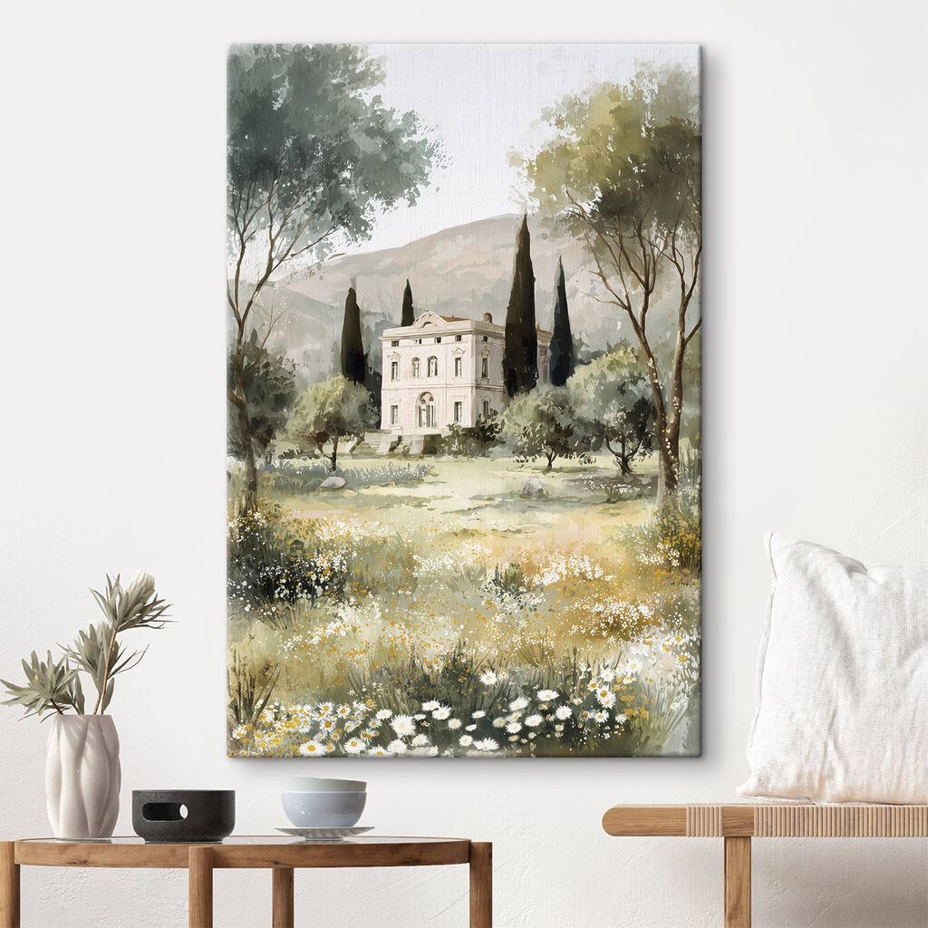 Villa achter een bloemweide in een interieur