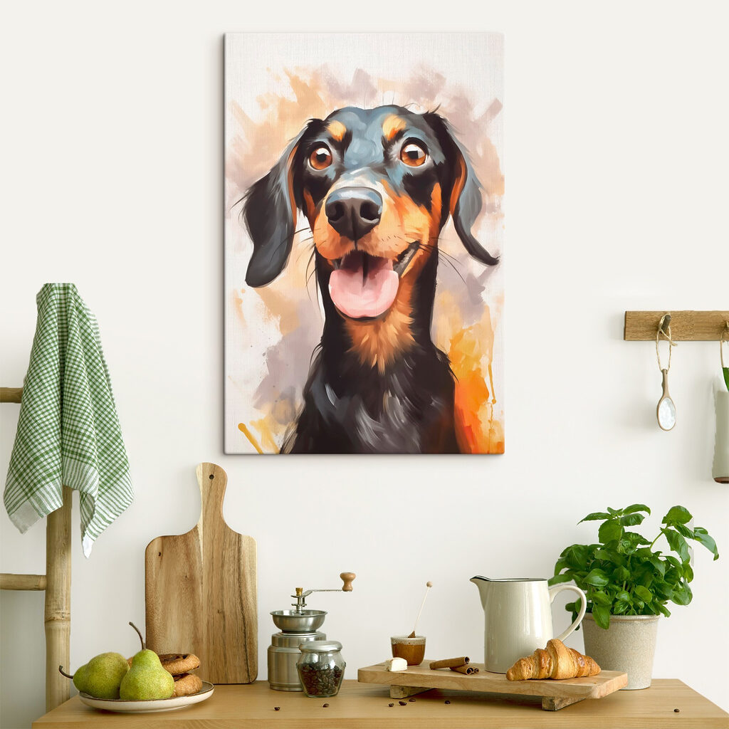 Vrolijke teckel in aquarel in een interieur