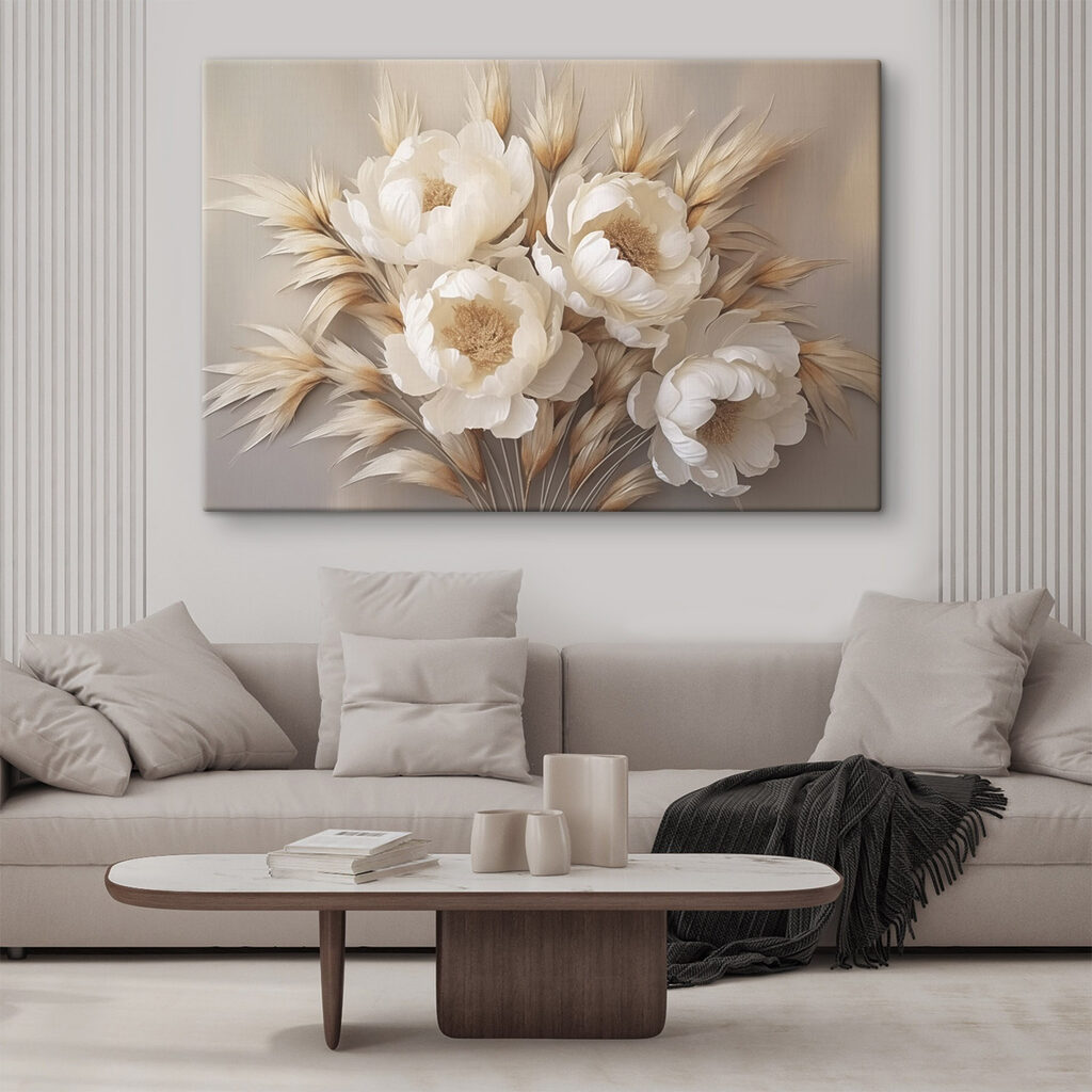 Een groep witte bloemen en bruine bladeren in een interieur