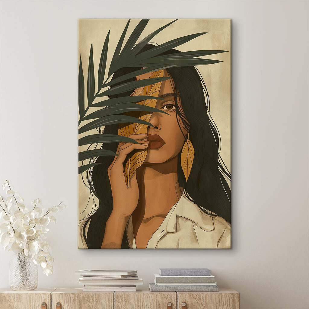 Vrouw achter een palmblad in een interieur