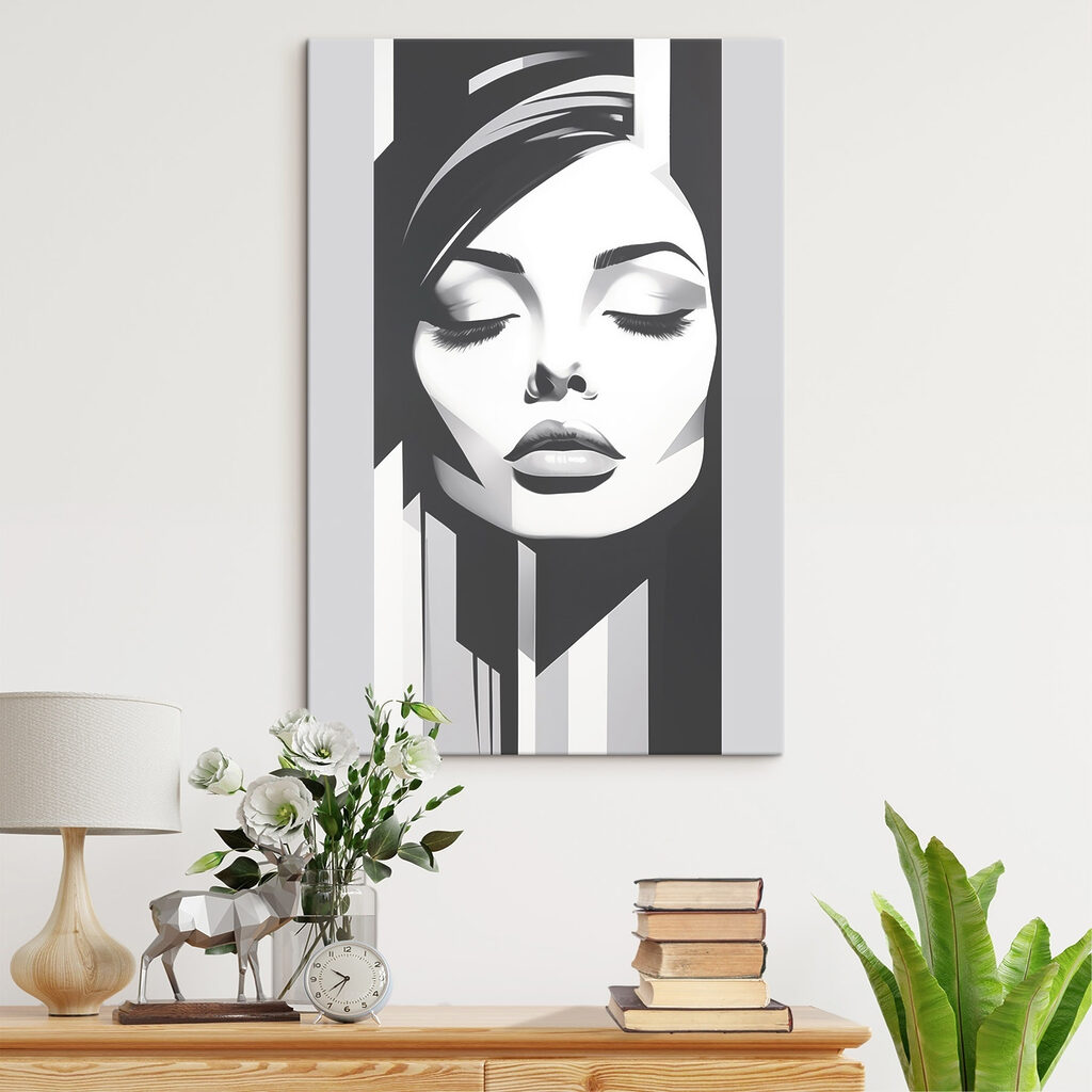 Monochroom gezicht tussen banen in een interieur