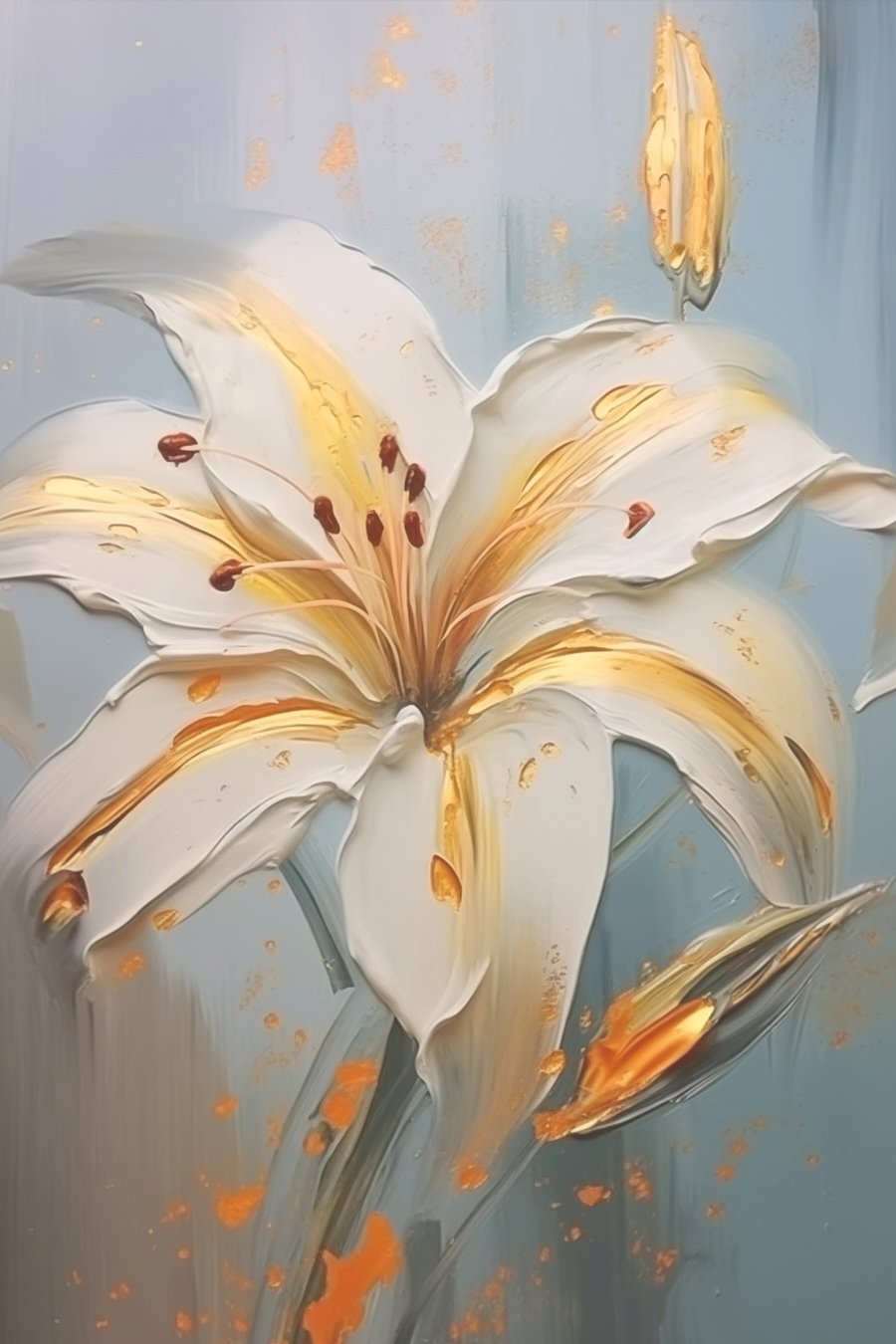 Witte lelie met gele strepen op blauwe achtergrond — volledig ontwerp