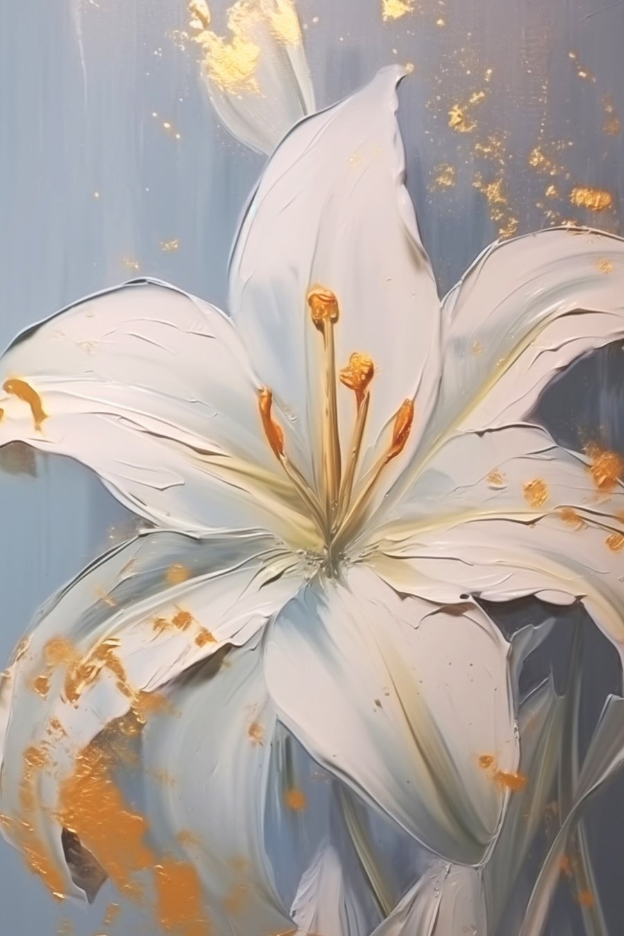 Witte lelie met gele accenten op blauwe achtergrond — volledig ontwerp