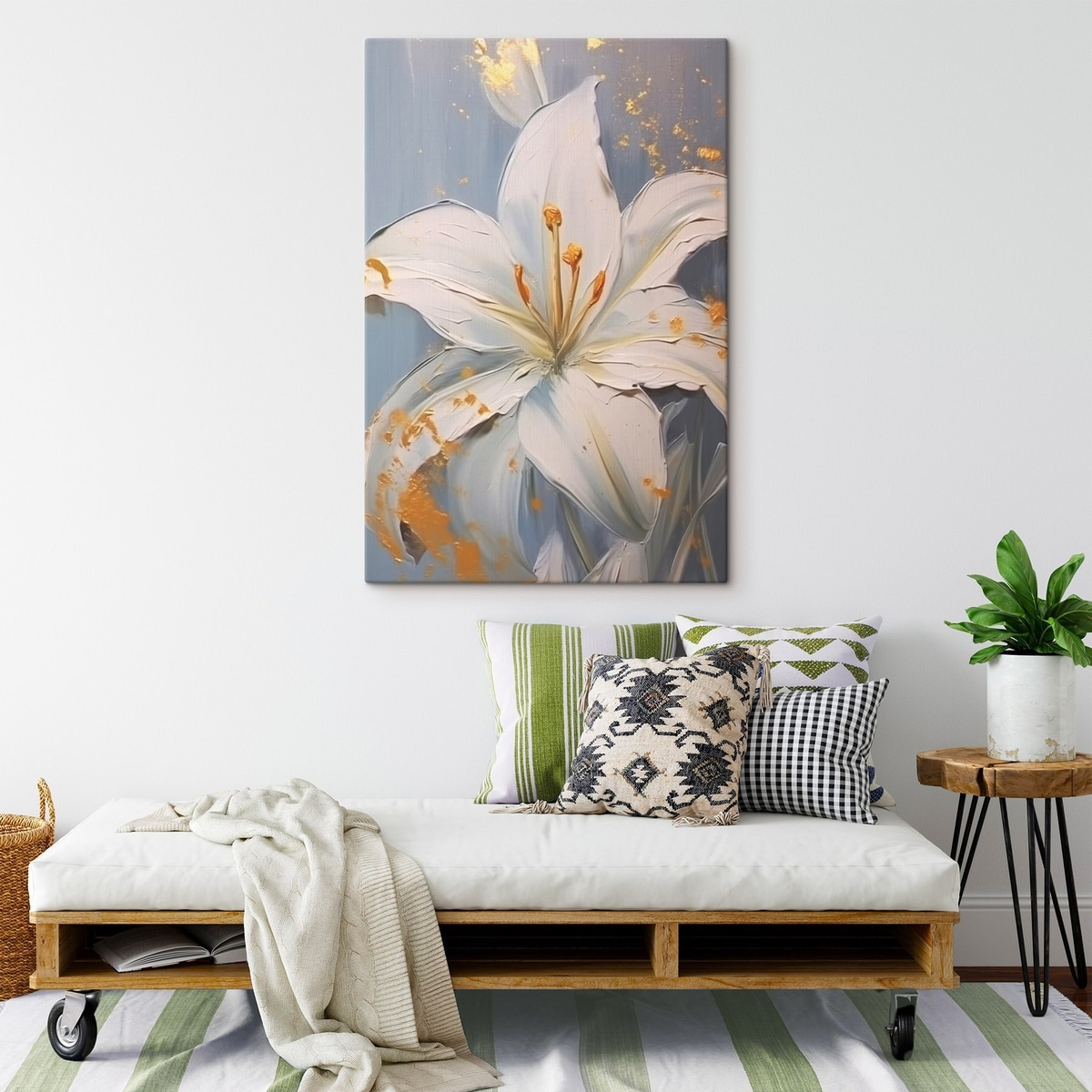 Witte lelie met gele accenten op blauwe achtergrond — interieur 2