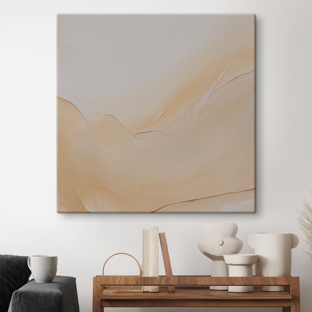 vloeibare kunst, vloeiende lijnen, pasteltinten, natuurlijke stroom, warm palet, verloop — interieur 1