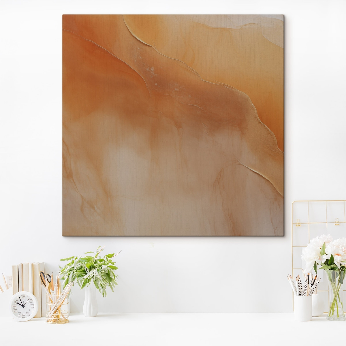 aardetinten, zachte lagen, minimaal, aquarelstijl, abstracte beweging, rustig — interieur 1
