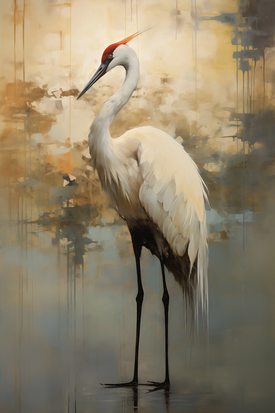 Kraanvogel in goudgrijze nevel — volledig ontwerp