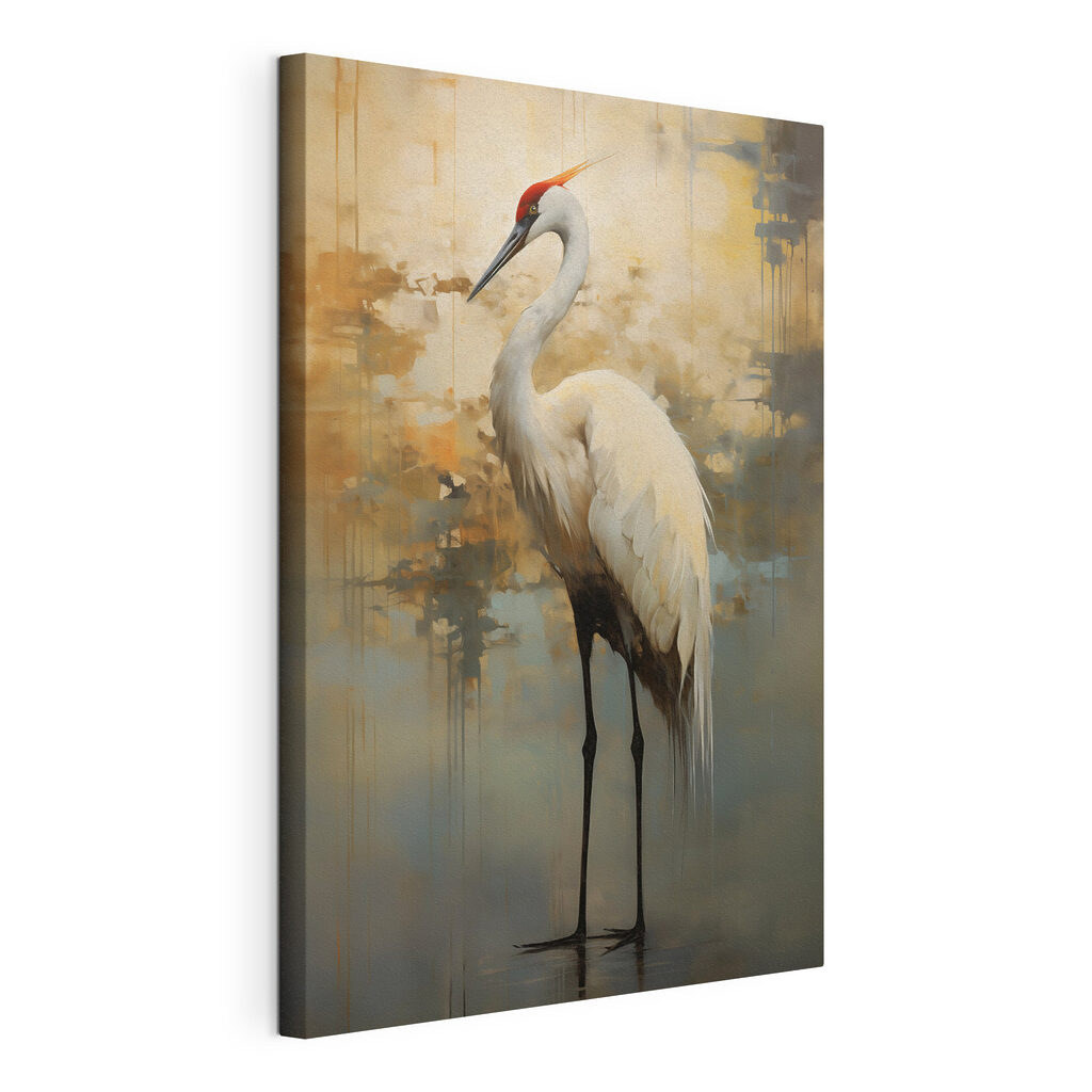 Kraanvogel in goudgrijze nevel, gespannen canvas met doorlopende rand