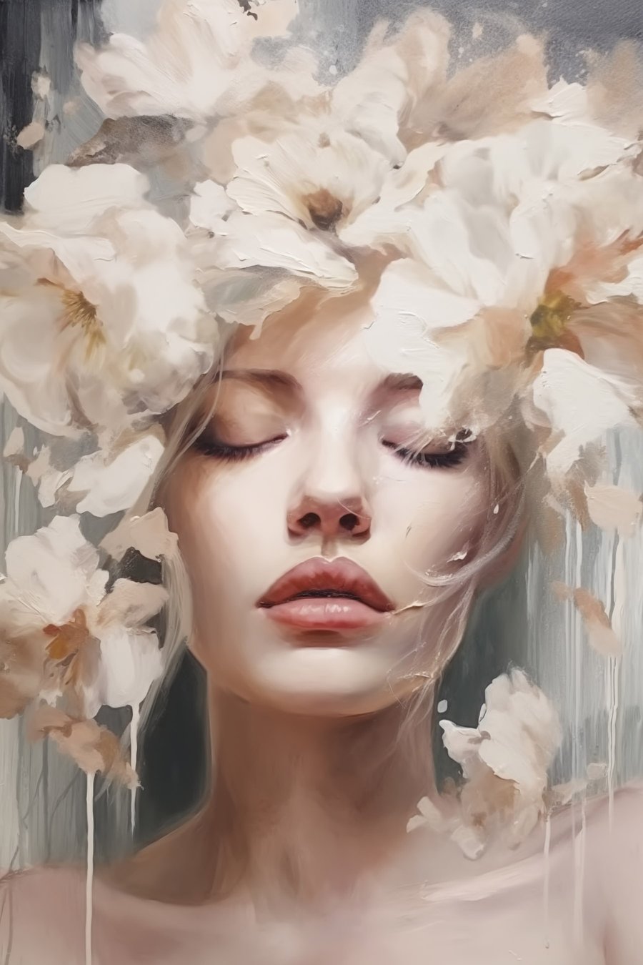 Vrouwenportret met witte bloemen — volledig ontwerp