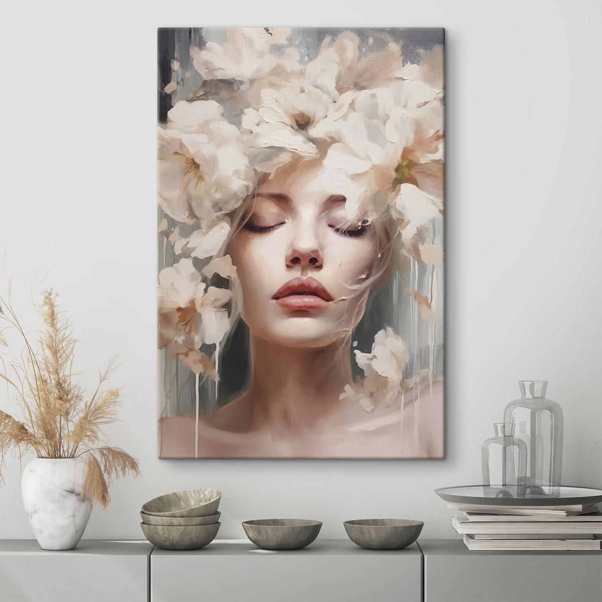 Vrouwenportret met witte bloemen — interieur 1