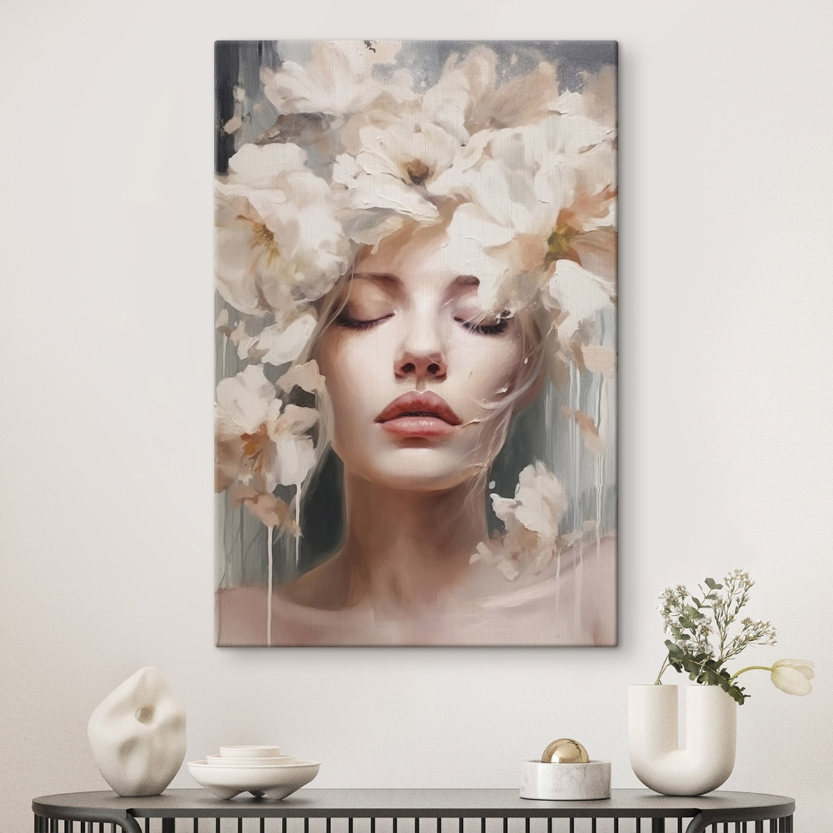 Vrouwenportret met witte bloemen — interieur 2
