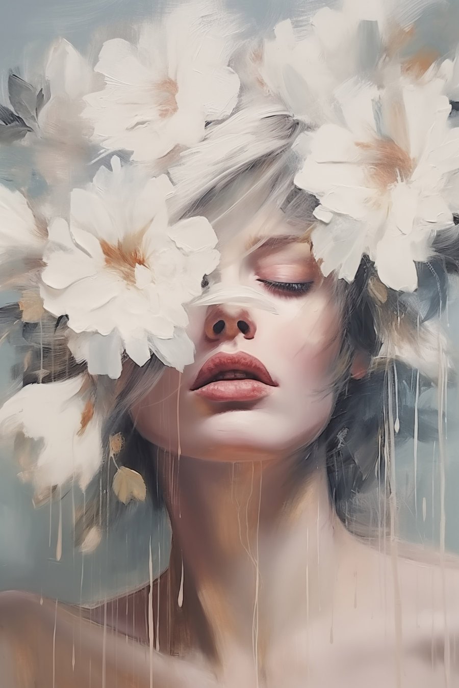 Vrouwenportret met witte bloemen — volledig ontwerp