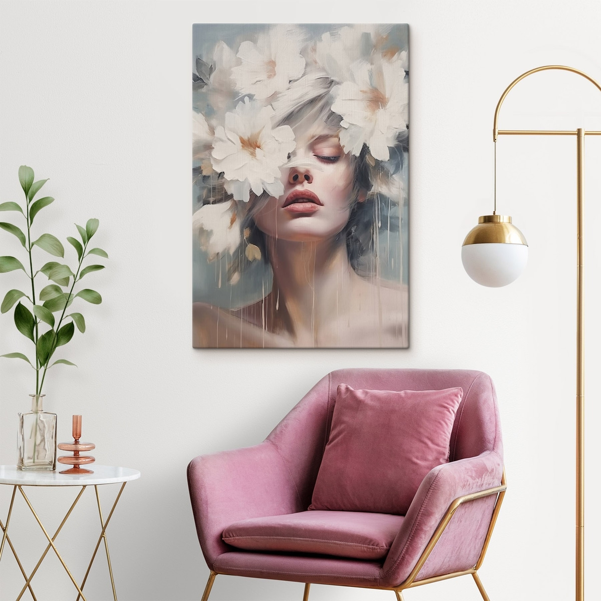 Vrouwenportret met witte bloemen — interieur 1