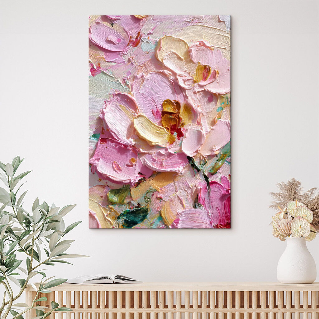 Roze bloemblaadjes met verfranden in een interieur
