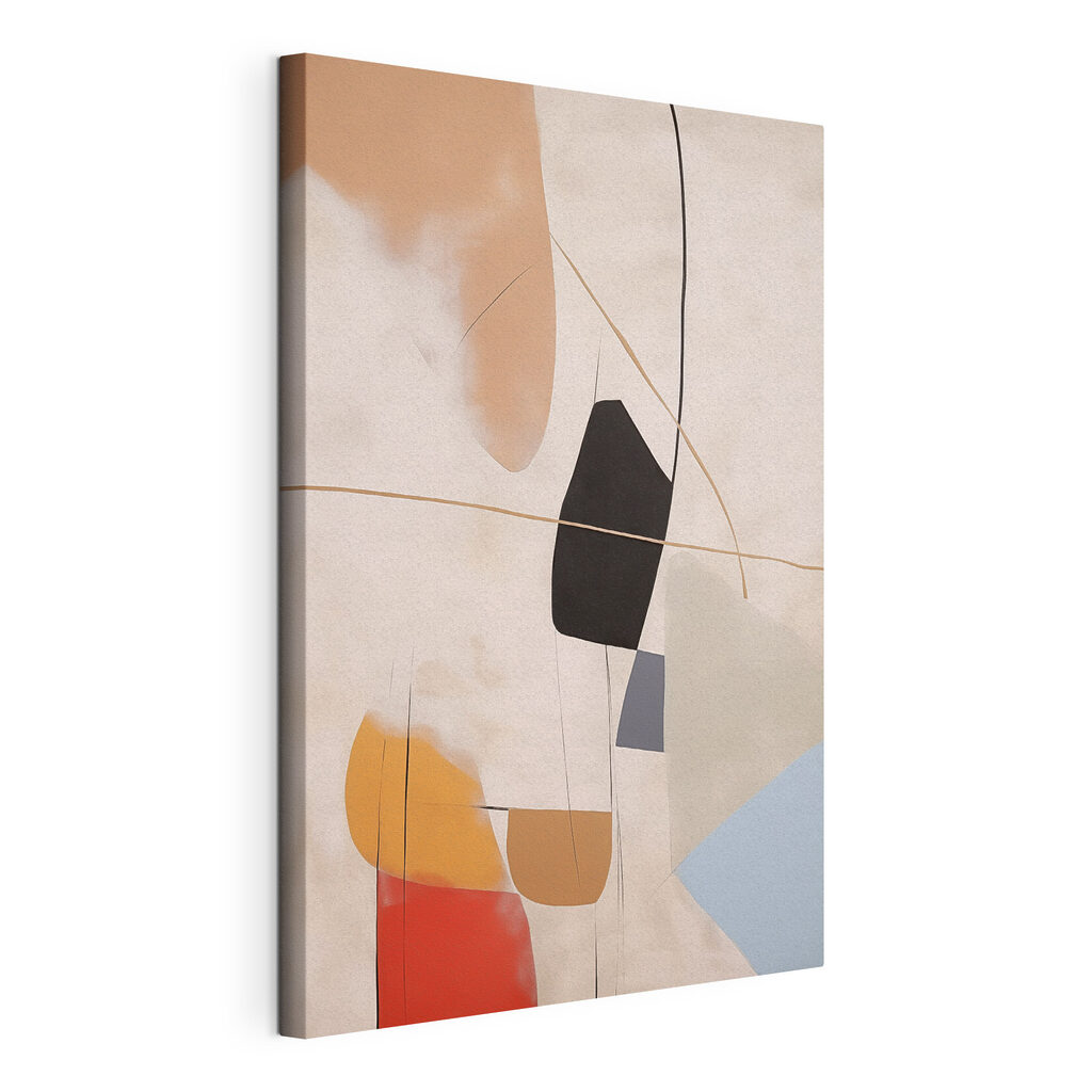 Abstracte vormen in zachte kleuren, gespannen canvas met doorlopende rand