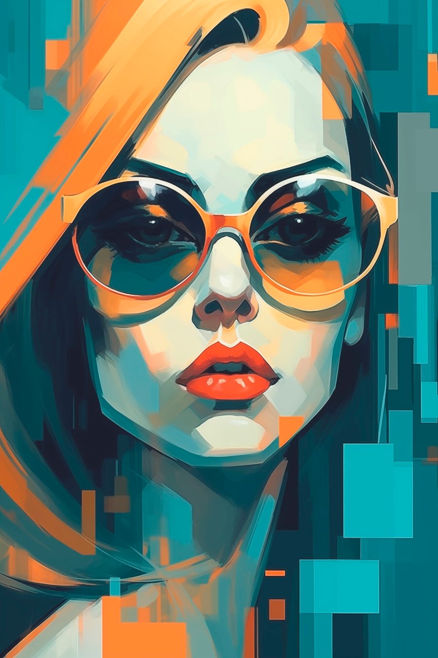 Vrouw met zonnebril in digitale pop-artstijl — volledig ontwerp