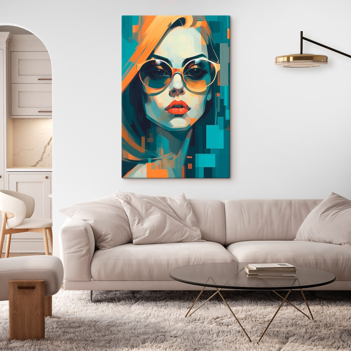 Vrouw met zonnebril in digitale pop-artstijl — interieur 1