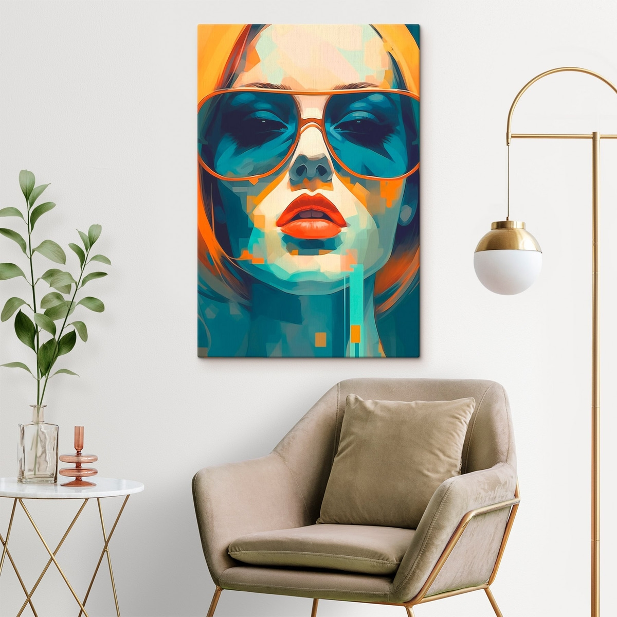 Abstract vrouwenportret met zonnebril — interieur 2
