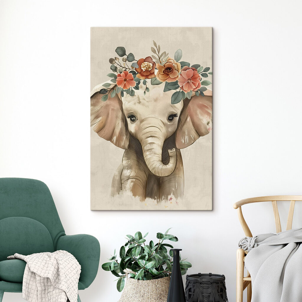 Olifantje met warme bloemenkrans in een interieur