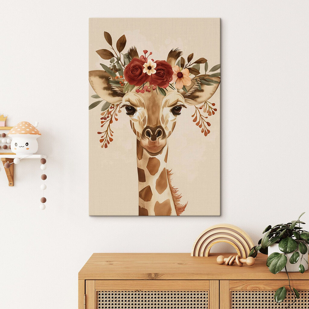 Giraf met roestkleurige bloemenkroon in een interieur