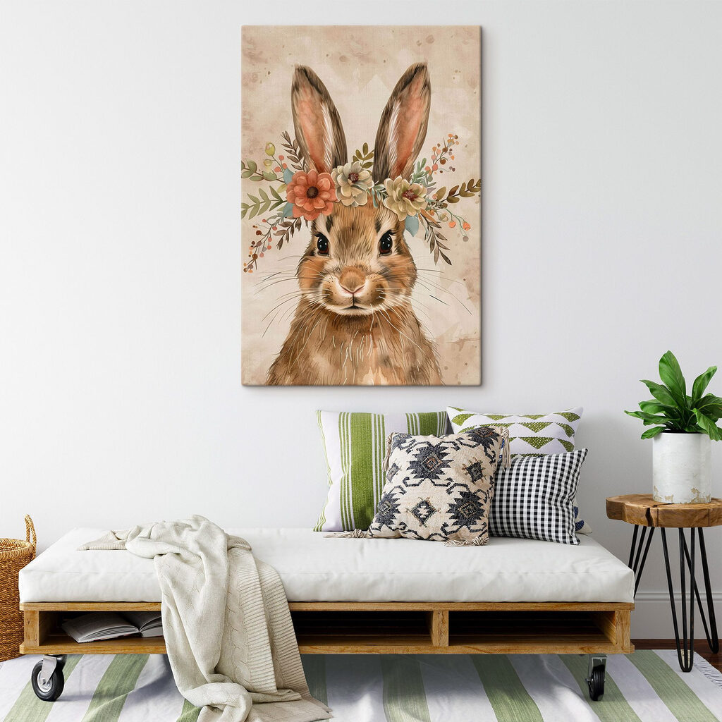 Konijntje met bloemenkrans in een interieur