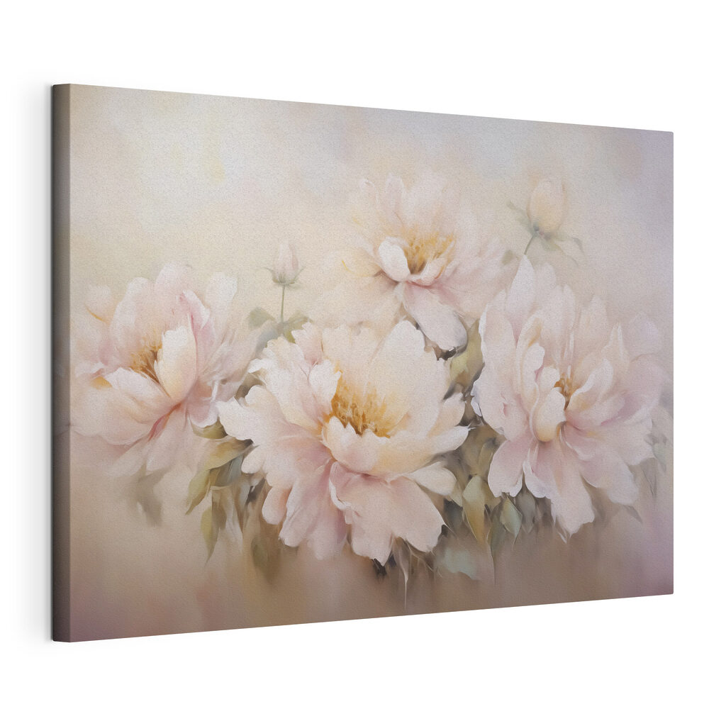 Schilderij van bloemen op een witte achtergrond, gespannen canvas met doorlopende rand