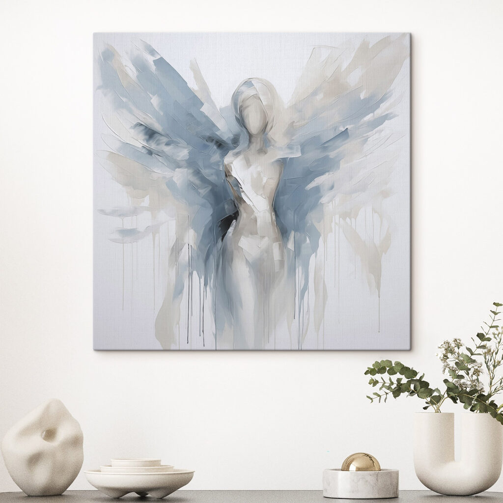 Schilderij van een vrouw met vleugels in een interieur