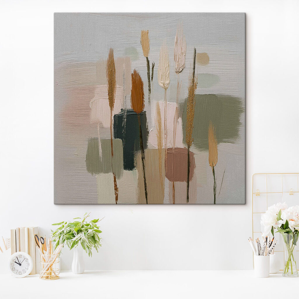 Schilderij van planten in verschillende kleuren in een interieur