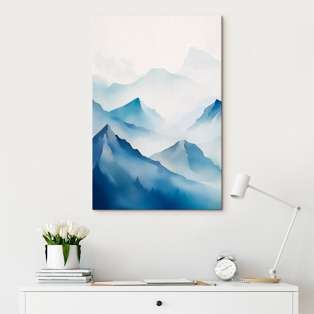 Aquarel van een bergketen in een interieur