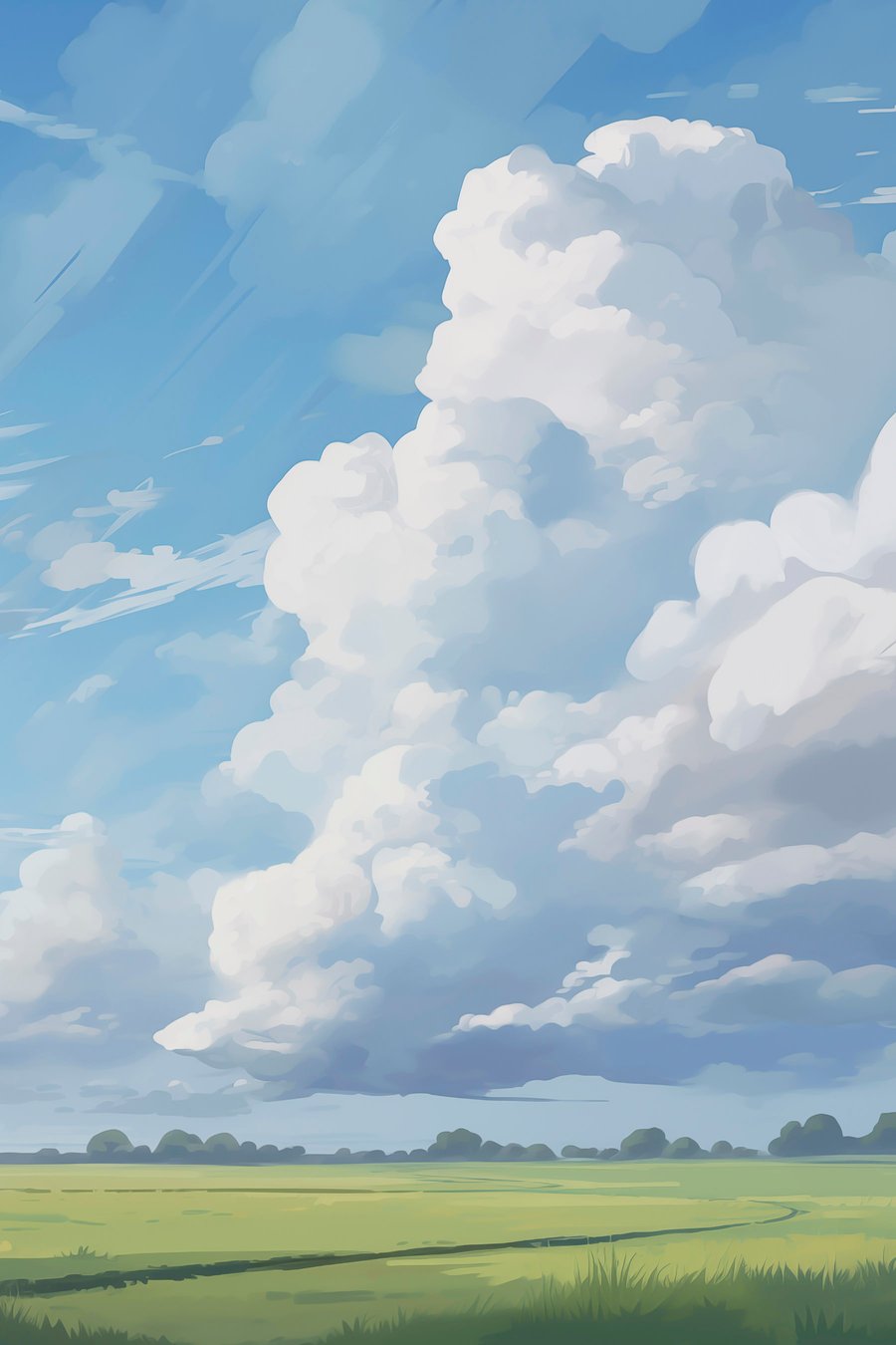 Veld tegen de lucht met enorme wolken — volledig ontwerp