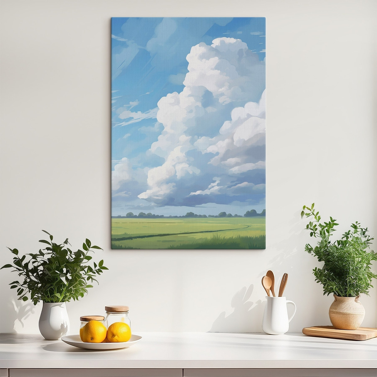 Veld tegen de lucht met enorme wolken — interieur 1