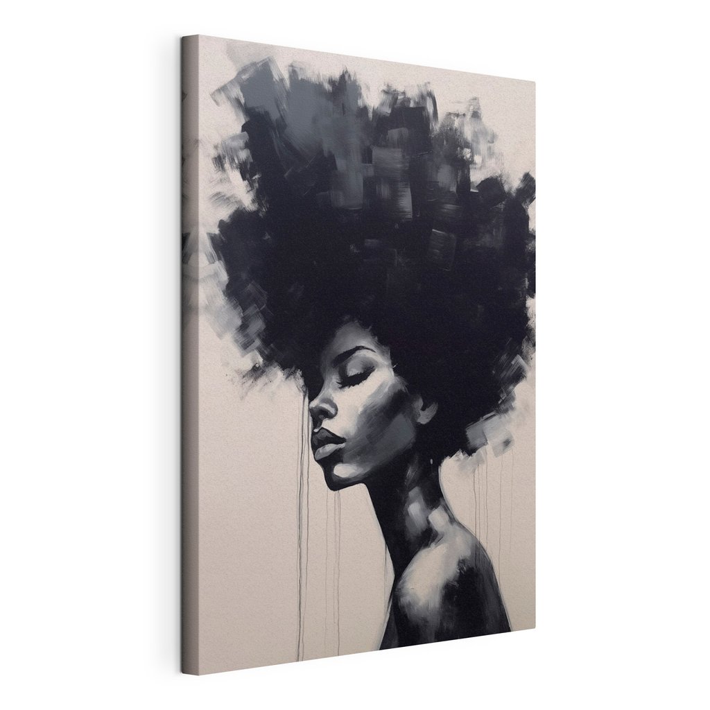 Schilderij van een vrouw met een grote afro, gespannen canvas met doorlopende rand