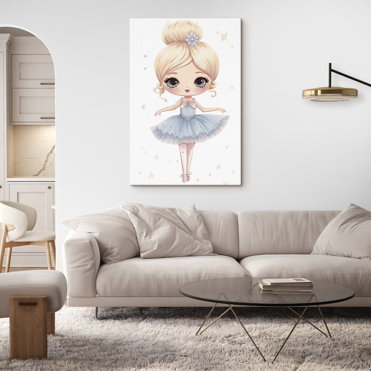 Ballerina pop in een blauwe jurk met strik — interieur 2