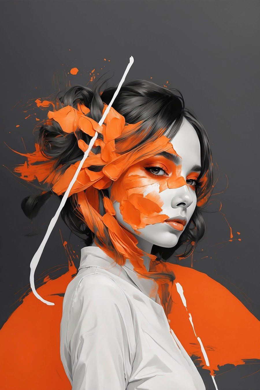 Portret van een vrouw met oranje penseelstreken — volledig ontwerp