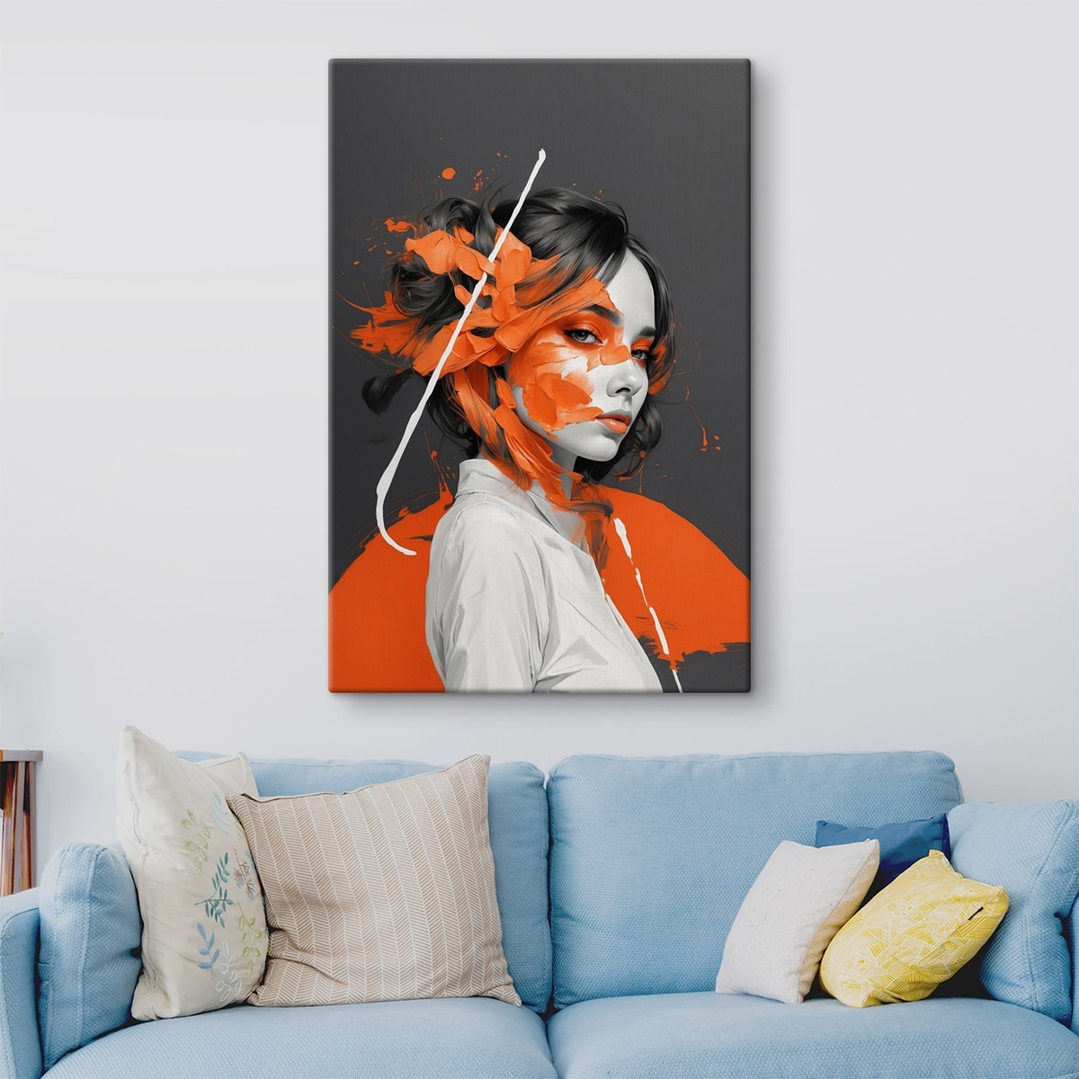 Portret van een vrouw met oranje penseelstreken — interieur 2