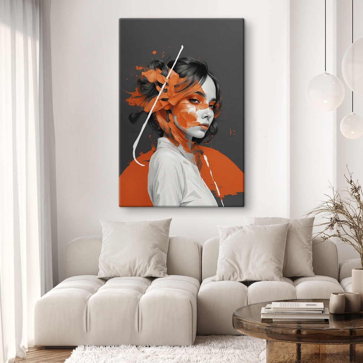 Portret van een vrouw met oranje penseelstreken — interieur 1