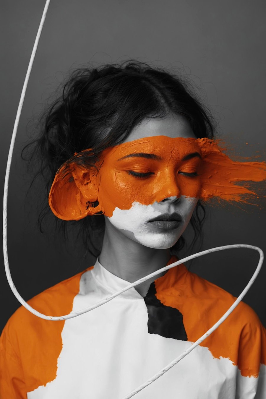Portret van een meisje met een abstracte oranje afbeelding — volledig ontwerp