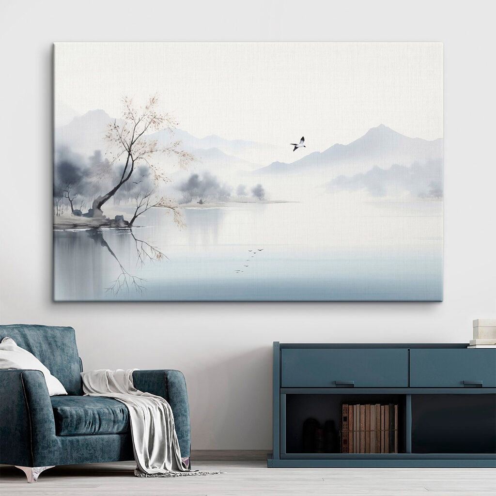 Een vogel die over een meer vliegt in een interieur