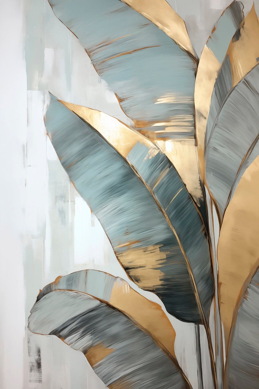 Een set gedempte blauwe, grijze en gele bananenbladeren met zichtbare penseelstreken, op een witte abstracte achtergrond — volledig ontwerp