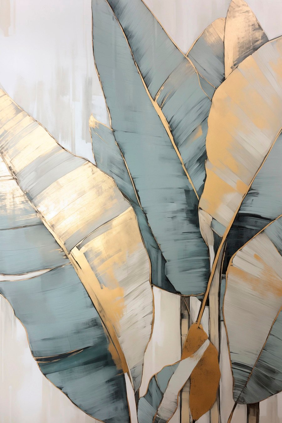 Gedempte blauwe, grijze en gele bananenbladeren met zichtbare penseelstreken, op een witte abstracte achtergrond — volledig ontwerp