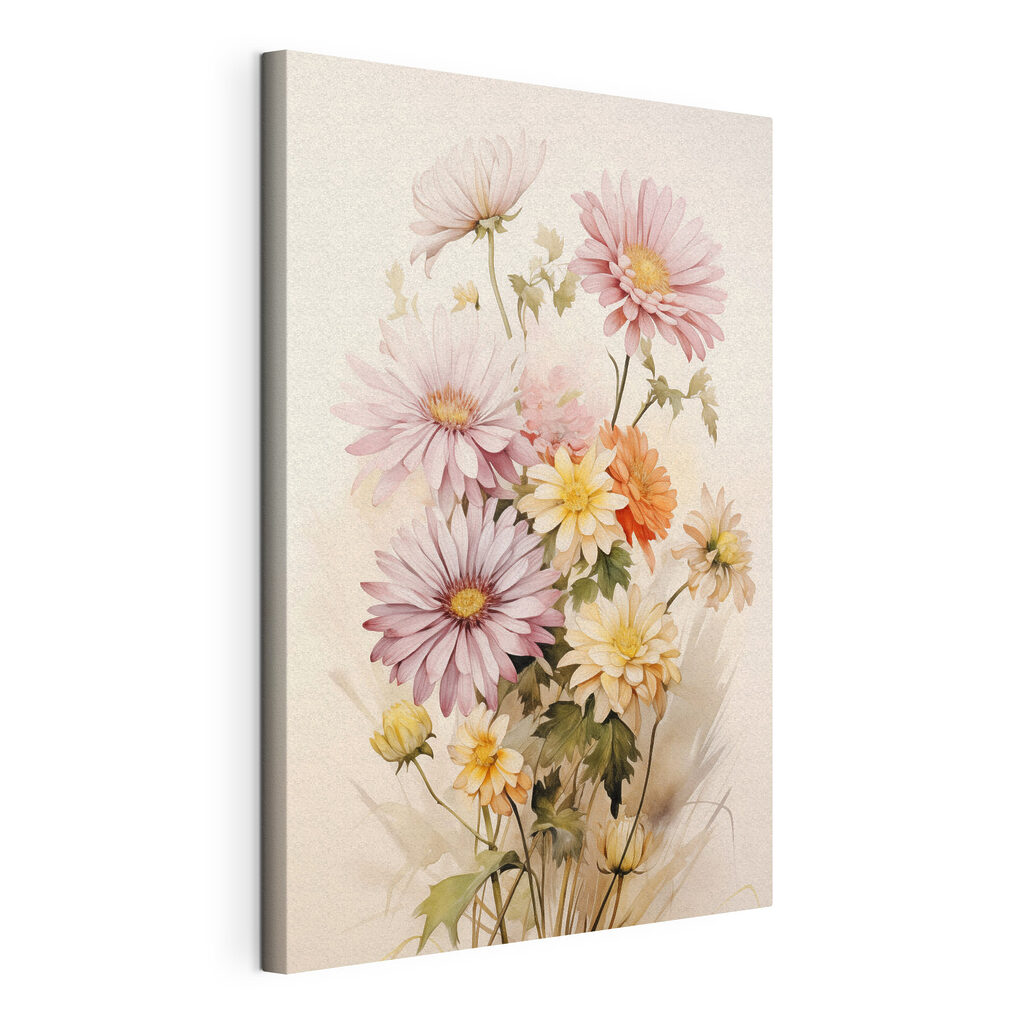 Schilderij van bloemen op een witte achtergrond, gespannen canvas met doorlopende rand