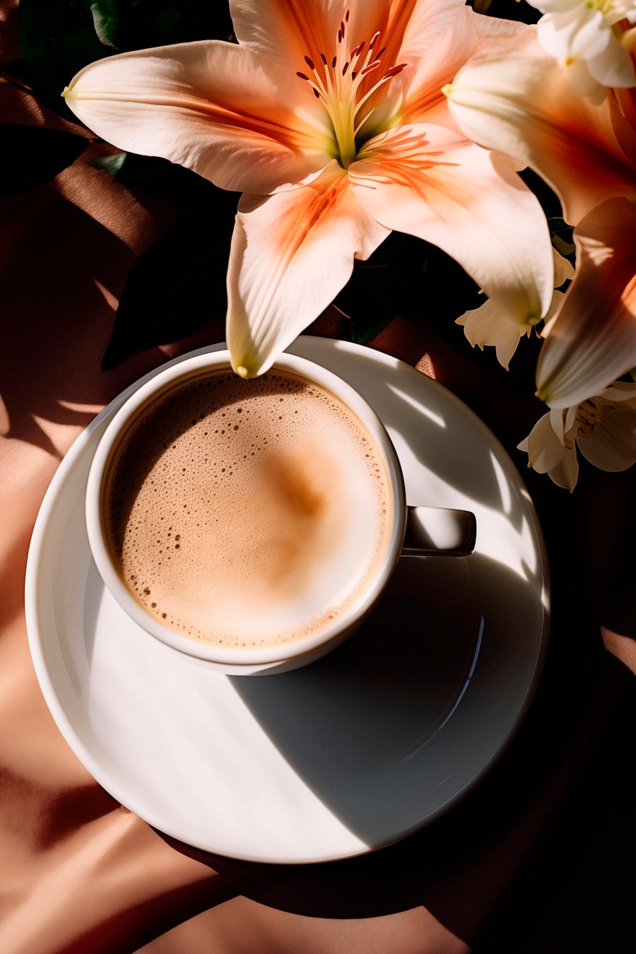 Een kop koffie met schuim op een wit bord, wat bloemen op de achtergrond, met zonlicht — volledig ontwerp