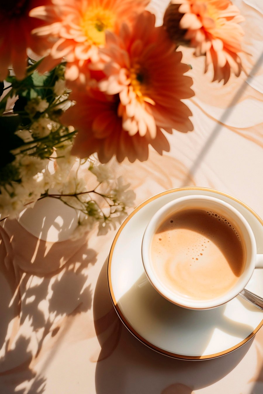 Een kop koffie met schuim op een wit bord, wat bloemen op de achtergrond, met zonlicht — volledig ontwerp